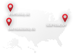 Map of the United States with markers on Portland, San Francisco, New York